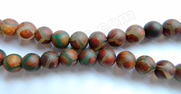 Frosted Dark Red Walnut Tibetan Agate w/ Green Lines  -  Smooth Round Beads  15"