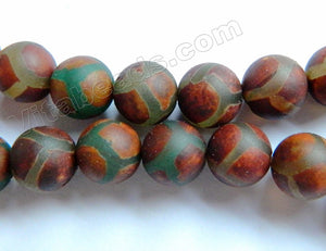 Frosted Dark Red Walnut Tibetan Agate w/ Green Lines  -  Smooth Round Beads  15"