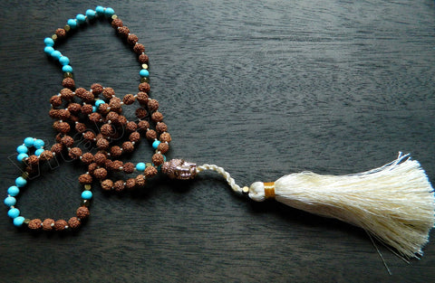 Turquoise Vajra Bodhi Extra Long Chained Tassel Necklace w/ Rose Gold Buddha Head