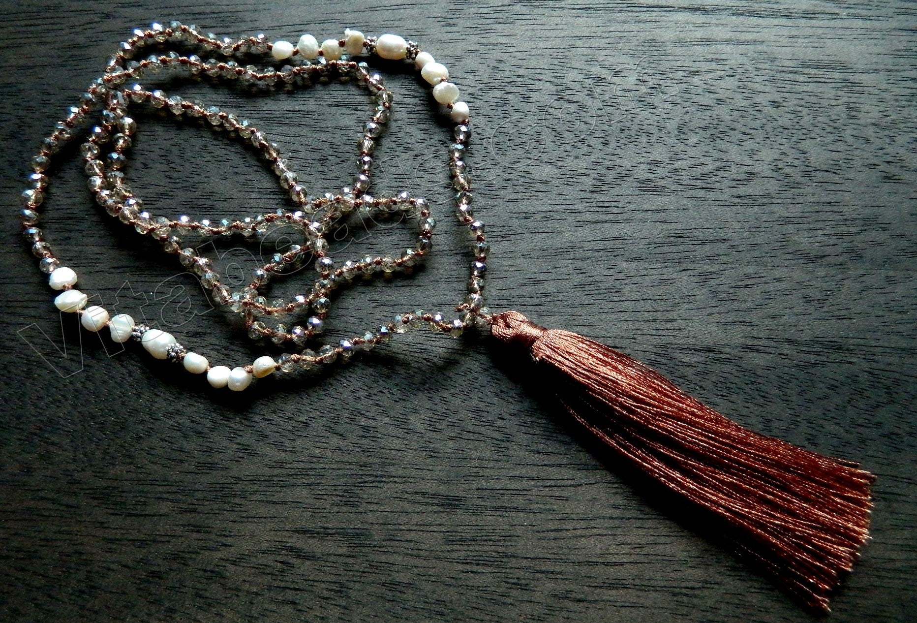 Long Chained Tassel Necklace w/ Smoky Crystal &. FWP