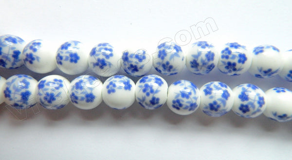 Porcelain Beads - White w/ Light Blue Cherry Smooth Round Beads  13"