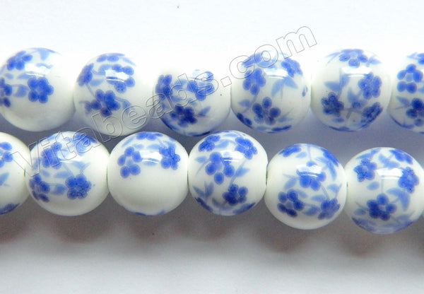 Porcelain Beads - White w/ Light Blue Cherry Smooth Round Beads  13"