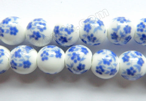 Porcelain Beads - White w/ Light Blue Cherry Smooth Round Beads  13"
