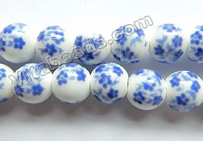 Porcelain Beads - White w/ Light Blue Cherry Smooth Round Beads  13"