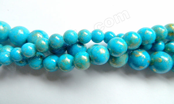 Deep Aqua Mashan Jade w/ Gold Foil   -  Smooth Round Beads 16"