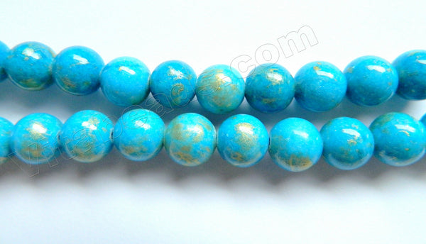 Deep Aqua Mashan Jade w/ Gold Foil   -  Smooth Round Beads 16"