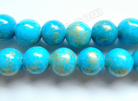 Deep Aqua Mashan Jade w/ Gold Foil   -  Smooth Round Beads 16"