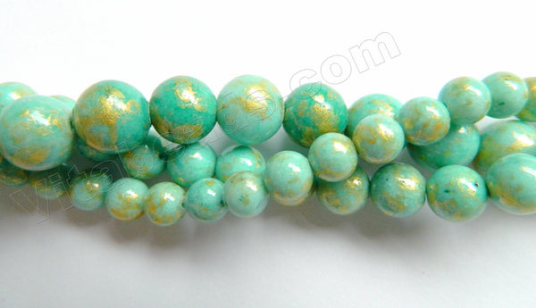 Light Turquoise Green Mashan Jade w/ Gold Foil   -  Smooth Round Beads 16"