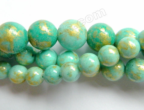 Light Turquoise Green Mashan Jade w/ Gold Foil   -  Smooth Round Beads 16"