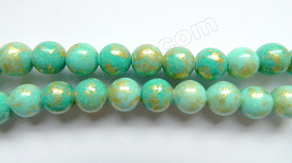 Light Turquoise Green Mashan Jade w/ Gold Foil   -  Smooth Round Beads 16"