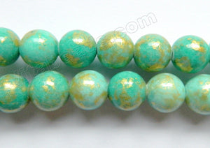 Light Turquoise Green Mashan Jade w/ Gold Foil   -  Smooth Round Beads 16"