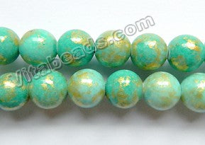 Light Turquoise Green Mashan Jade w/ Gold Foil   -  Smooth Round Beads 16"