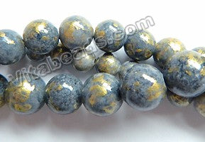 Light Iolite Blue Mashan Jade w/ Gold Foil   -  Smooth Round Beads 16"