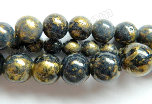 Dark Iolite Blue Mashan Jade w/ Gold Foil   -  Smooth Round Beads 16"
