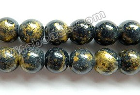 Dark Iolite Blue Mashan Jade w/ Gold Foil   -  Smooth Round Beads 16"