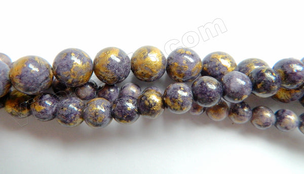 Purple Blue Mashan Jade w/ Gold Foil   -  Smooth Round Beads 16"