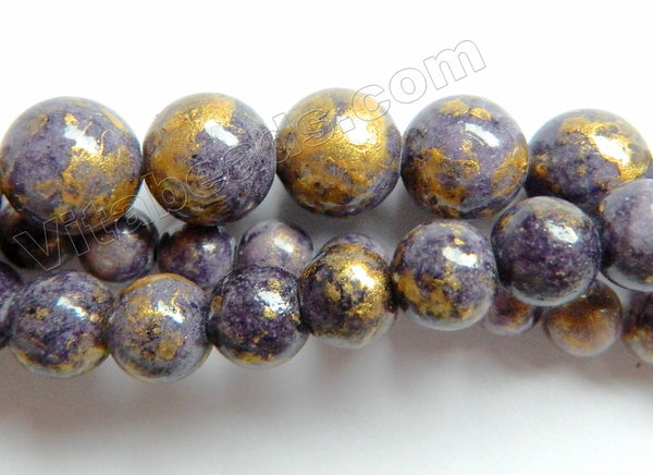 Purple Blue Mashan Jade w/ Gold Foil   -  Smooth Round Beads 16"