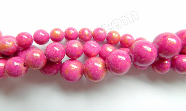 Fuchsia Mashan Jade w/ Gold Foil   -  Smooth Round Beads 16"