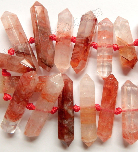 Mixed Ruby Quartz Natural A  -  Graduated Mid-drilled 6 Side Long Prisms  15"