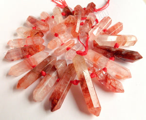 Mixed Ruby Quartz Natural A  -  Graduated Mid-drilled 6 Side Long Prisms  15"