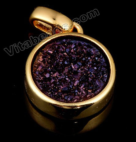 Dark Purple Druzy Round Pendant w/ Gold Trim Bail