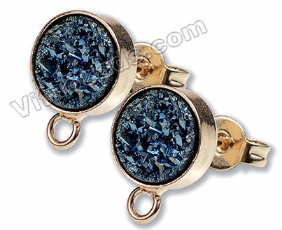 Dark Blue Druzy Round Ear Buds w/ Gold Trim Bail w/ Attached Ring