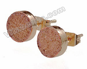 Peach Druzy Round Ear Buds w/ Gold Trim Bail