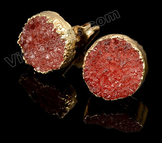 Rough Red Druzy Round Ear Buds w/ Gold Foil