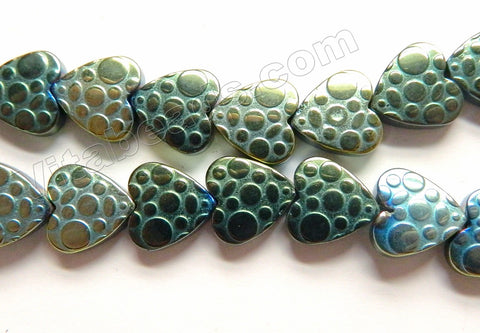 Green Peacock Hematite  -  Carved Dot Designed Puff Heart  16"
