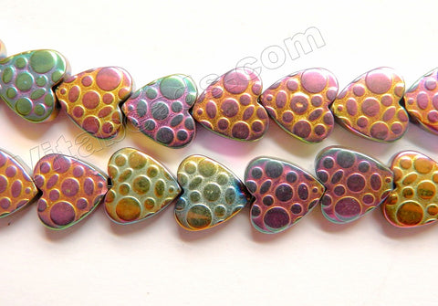 Purple Gold Peacock Hematite  -  Carved Dot Designed Puff Heart  16"