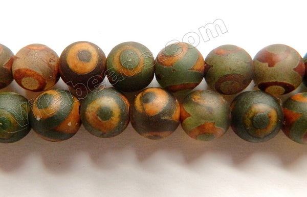 Frosted Dark Walnut Tibetan Agate w/ Green Circles  -  Smooth Round Beads  15"