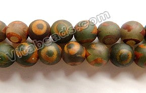 Frosted Dark Walnut Tibetan Agate w/ Green Circles  -  Smooth Round Beads  15"