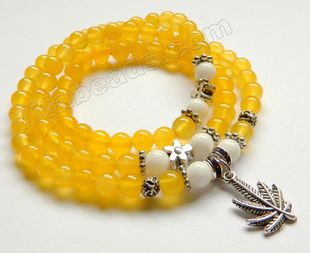 Smooth Round Beads Bracelet - Yellow Jade w/ Leaf Charm Length:  20"
