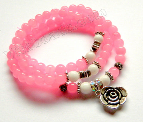 Smooth Round Beads Bracelet - Hot Pink Jade w/ Rose Charm Length:  20"