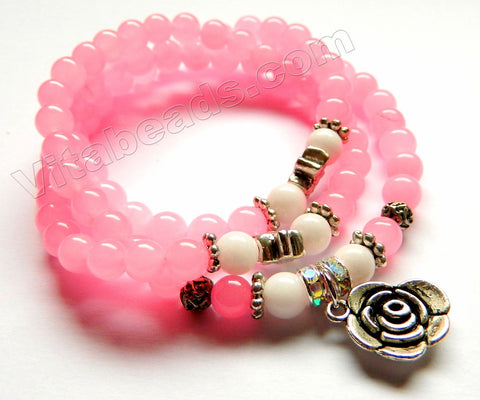 Smooth Round Beads Bracelet - Hot Pink Jade w/ Rose Charm Length:  20"