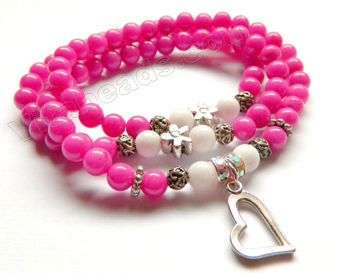 Smooth Round Beads Bracelet - Fuchsia Jade w/ Heart Charm Length:  20"