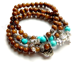 Smooth Round Beads Bracelet - Brown Jade, Blue Turquoise  w/ Charms Length:  20"