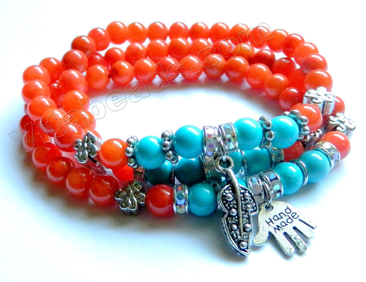 Smooth Round Beads Bracelet - Orange Jade, Blue Turquoise  w/ Charms Length:  21"