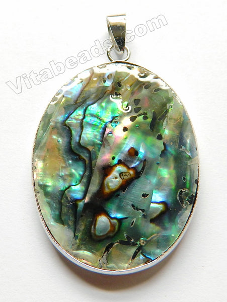 Abalone Silver Trimmed Pendant w Bail Flat Oval
