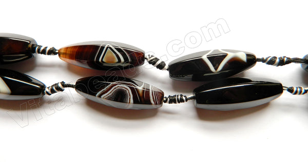 Black Sardonix Agate AAA  -  6-Side Faceted Long Rice w/ Knots 16"