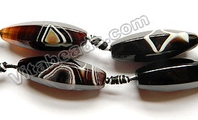 Black Sardonix Agate AAA  -  6-Side Faceted Long Rice w/ Knots 16"