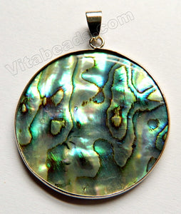 Abalone Silver Trimmed Pendant w Bail Flat Round Coin
