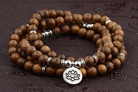   Sandal Wood  -  109 Mala Beads Bracelet, Necklace  38" w/ Lotus Coin Charm