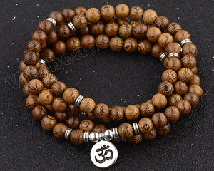  Sandal Wood  -  109 Mala Beads Bracelet, Necklace  38"   w/ "Namaste" Coin Charm