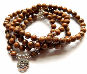 Sandal Wood  -  109 Mala Beads Bracelet, Necklace  38" w/ Lotus Coin Charm