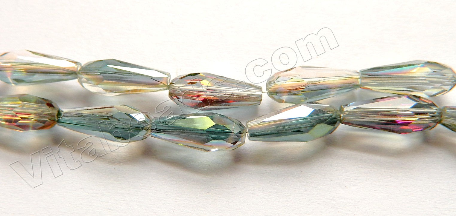  Mystic Light Green Peacock Crystal  -  Faceted Long Drops 14"