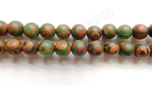 Frosted Dark Walnut Tibetan Agate w/ Green Circles  -  Smooth Round Beads  15"