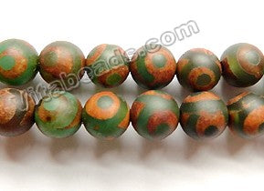 Frosted Dark Walnut Tibetan Agate w/ Green Circles  -  Smooth Round Beads  15"