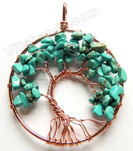 Blue Turquoise - Copper Wired Tree Round Pendant