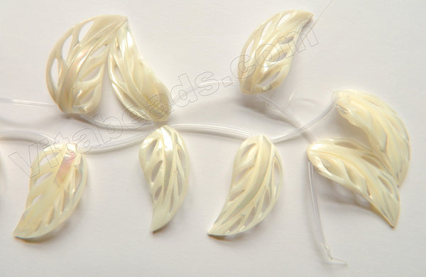 Cream White Mother of Pearl Shell  -  Carved Fancy Leaves  16"